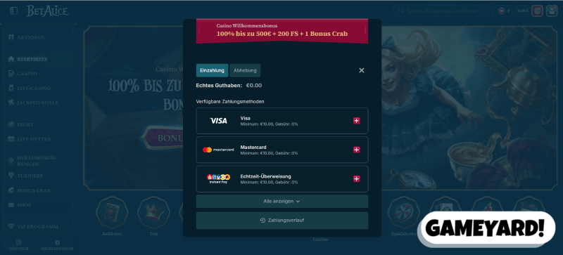 Einzahlung in Bonus Crab Casino Website
