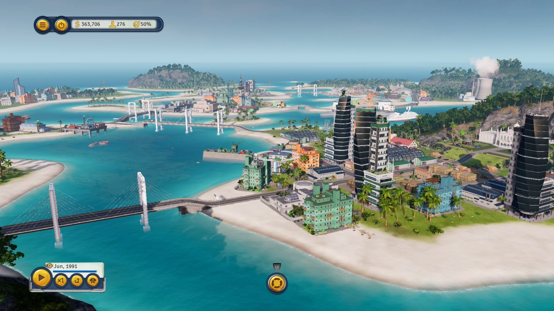 Eine Tropico 6 Stadt erbaut über mehrere Inseln